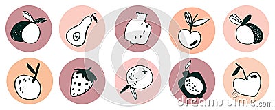 Fruits icons set for highlights Instagram of cover history, social media. Round icons. Ideal for bloggers.Vector stickers doodle Stock Photo