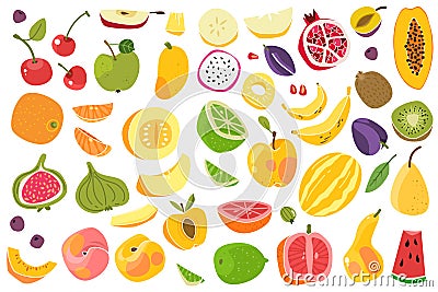 Fruits isolated. Cherry orange peach plum banana melon lime colorful fruit. Natural vegan food cartoon vector set Vector Illustration