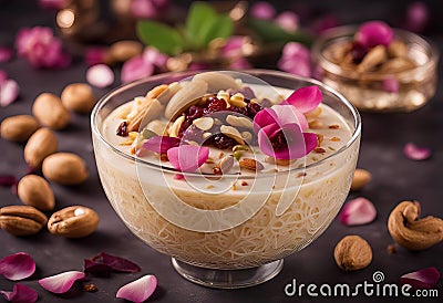 fruits made background rose Vermicelli petals dry dessert moody topped such Seviyan kheer Cashews Indian noodles semolina Stock Photo