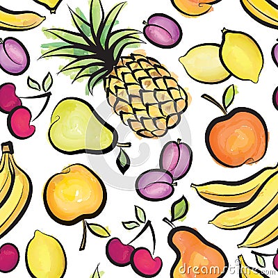 Fruits pattern. Abstract watrcolor seamless background with frui Stock Photo