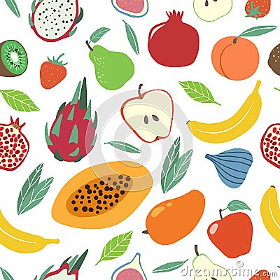 Fruits pattern. Juicy pear, apple and banana, kiwi and strawberry, peach and pomegranate natural farm product seamless Vector Illustration