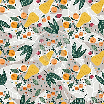 Fruits seamless pattern. Apples, pears, strawberries and leaves hand drawn wallpaper Cartoon Illustration