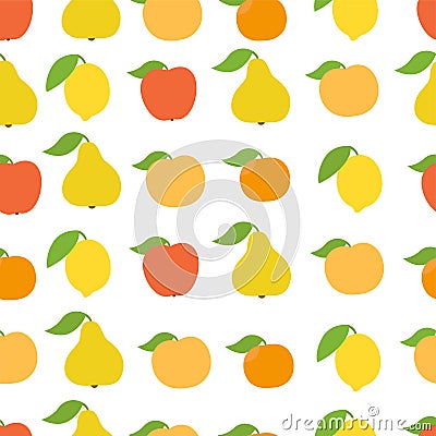 Fruits seamless pattern background. Apple, peach and lemon mandarin and pear. Vector fullcolor illustration Cartoon Illustration