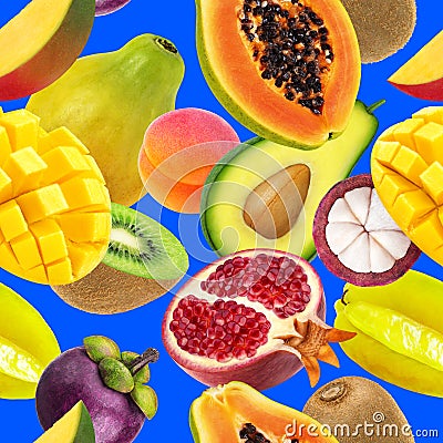 Fruits seamless pattern. Falling exotic fruits isolated on blue background Stock Photo