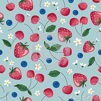 Fruits seamless pattern. Strawberry, cherry, and blossom. Romantic vintage background for textile, fabric, decorative Vector Illustration