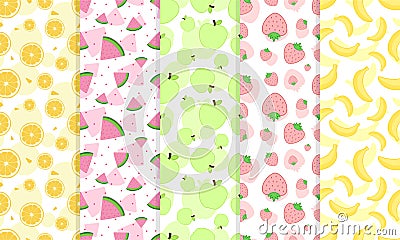 Fruits Seamless Patterns, Orange, Watermelon, Apple, Strawberry, and Banana Vector Illustration