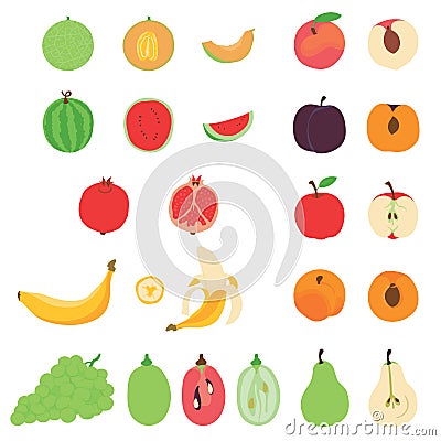 Collection of various hand drawn, flat colored fruits Vector Illustration