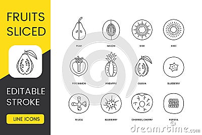 Fruits sliced, vector line icon set, editable stroke. Pieces of papaya and cherries, cherry and blueberry, feijoa and Vector Illustration