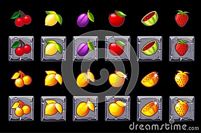 Fruits slots icon set on stone square. Game casino, slot, UI. Vector Illustration