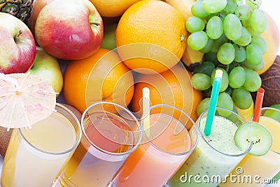 Fruits smoothies, summer cool drinks top view macro Stock Photo