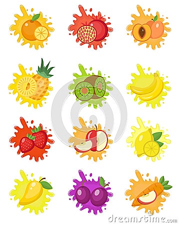 Fruits splash set of labels. Fruit splashes, drops emblem. Vector Illustration