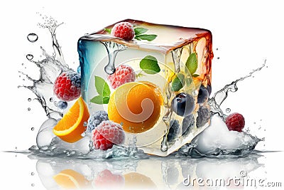 Fruits Splash under ice cube chilled concept Stock Photo