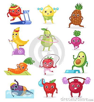 Fruits sportsman vector fruity expression of sporting cartoon character workout doing fitness exercises illustration set Vector Illustration