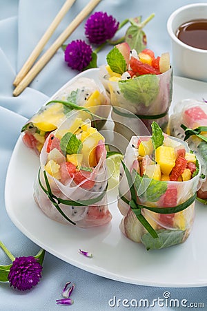 Fruits Spring Rolls, Summer Dessert Stock Photo
