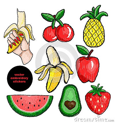 Fruits stickers vector embroidery Vector Illustration