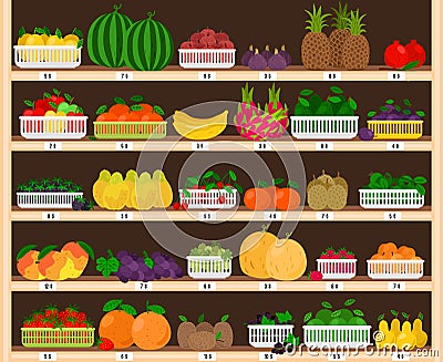 Fruits supermarket shelves. Food farm store interior with fruit showcase, fresh grocery shop with eco ripe apples and Vector Illustration