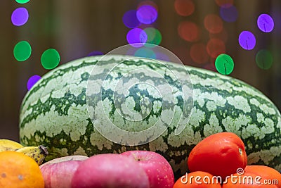 Fruits on the table, watermelon, apple, banana Stock Photo