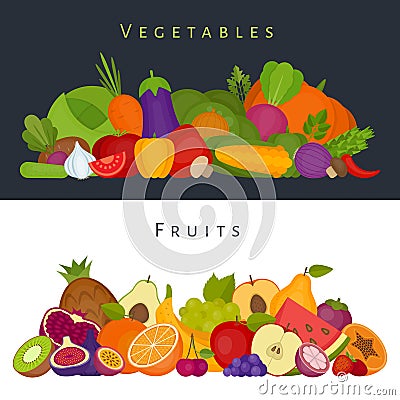 Fruits and vegetables banner. Healthy food. Flat style, vector i Vector Illustration