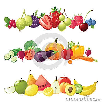 Fruits vegetables and berries borders Vector Illustration