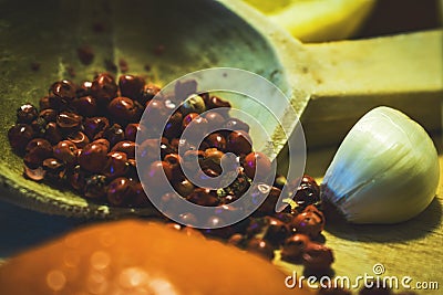 Fruits and vegetables on blue background Healthy food and cholesterol diet concept . Clean eating, dieting, detox, vegetarian food Stock Photo