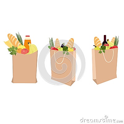 Fruits, vegetables, bread, bottled beverages, and wine in brown grocery bag isolated on white background. Vector Illustration