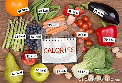 Fruits and vegetables with calories labels Stock Photo