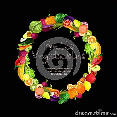 Fruits and vegetables are collected in a wreath Vector Illustration