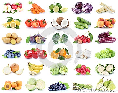 Fruits and vegetables collection apples oranges bell pepper grapes bananas vegetable food isolated Stock Photo