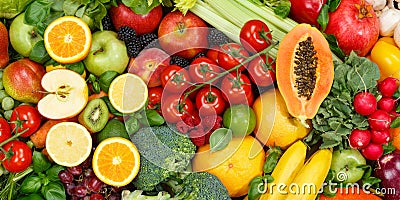 Fruits and vegetables collection food background banner apples oranges tomatoes fresh fruit vegetable Stock Photo