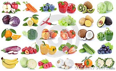 Fruits and vegetables collection isolated apple orange banana gr Stock Photo