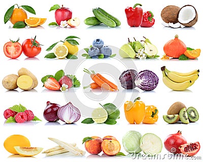 Fruits and vegetables collection isolated apple peach tomatoes berries fruit Stock Photo