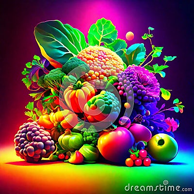 Fruits and vegetables. Colorful background. 3D illustration. Generative AI Cartoon Illustration