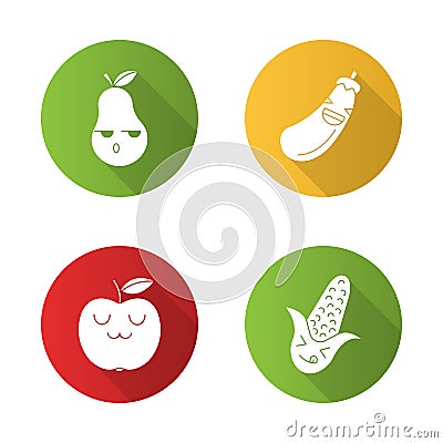 Fruits and vegetables cute kawaii flat design long shadow glyph characters set Vector Illustration