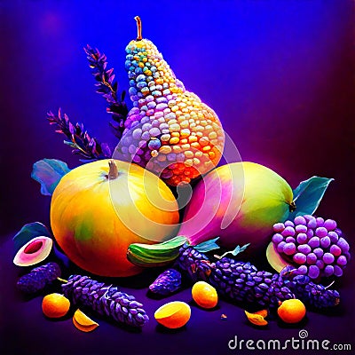 Fruits and vegetables on a dark background. Multicolored fruits. AI Generated Stock Photo