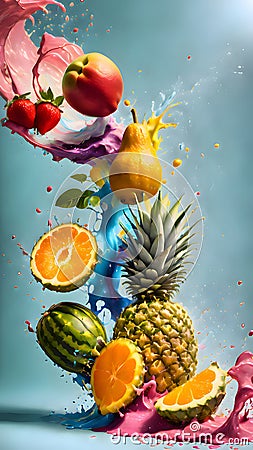 Fruits and vegetables falling into water with splash. Stock Photo