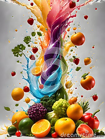 Fruits and vegetables falling into water with splash. Stock Photo