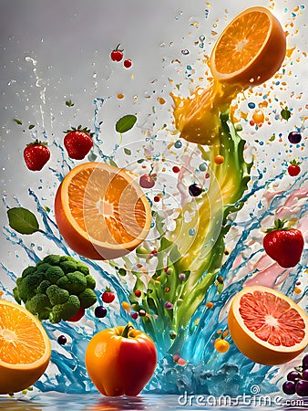 Fruits and vegetables falling into water with splash. Stock Photo