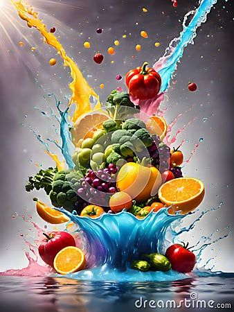 Fruits and vegetables falling into water with splash. Stock Photo