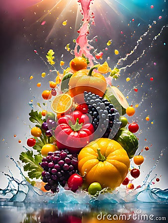 Fruits and vegetables falling into water with splash. Stock Photo