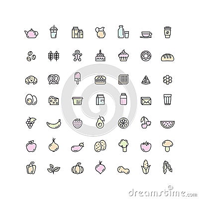 Fruits, Vegetables, Fast Food and Drink, Bread, Diary and Milk Products Vector Illustration