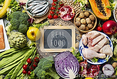 Fruits, vegetables, fish, meat and text real food Stock Photo