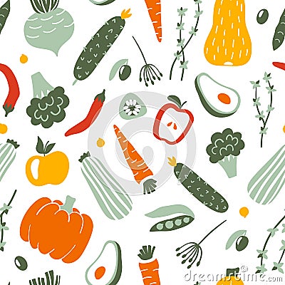 Fruits and vegetables flat hand drawn seamless pattern. Vector Illustration