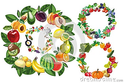 Fruits, vegetables, food and berries frames collection set Vector Illustration