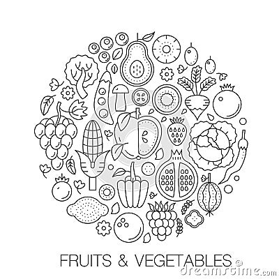 Fruits vegetables food in circle - concept line illustration for cover, emblem, badge. Fruits vegetables thin line Vector Illustration