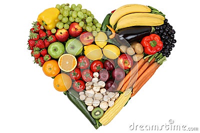 Fruits and vegetables forming heart love topic and healthy eating Stock Photo