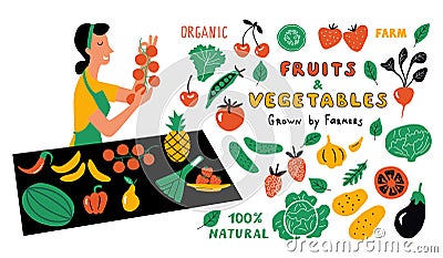 Fruits and vegetables funny doodle set. Cute cartoon woman, food market seller with farm products. Hand drawn vector illustration Cartoon Illustration