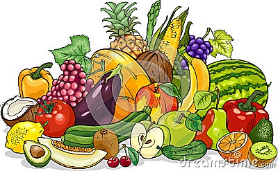 Fruits and vegetables group cartoon illustration Vector Illustration