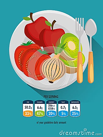 Fruits and vegetables group with nutrition facts Vector Illustration