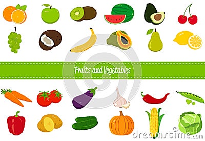Fruits and Vegetables icons. Organic fruits and vegetables template. Healthy eating concept. Vector Vector Illustration