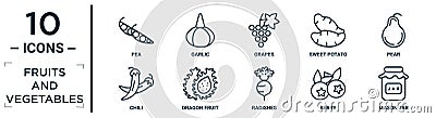 fruits.and.vegetables linear icon set. includes thin line pea, grapes, pear, dragon fruit, berry, mason jar, chili icons for Vector Illustration